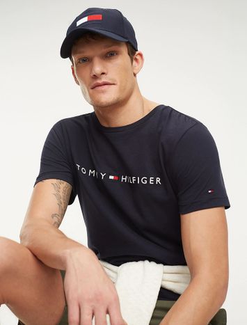 Donkerblauwe t-shirt met geborduurde letters en vlag Tommy Hilfiger