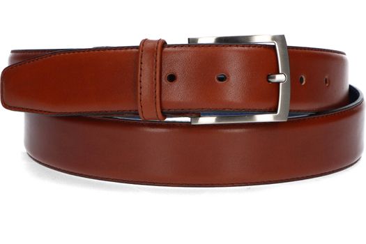 Klassieke cognacbruine riem met kobaltblauwe binnenzijde Floris Van Bommel