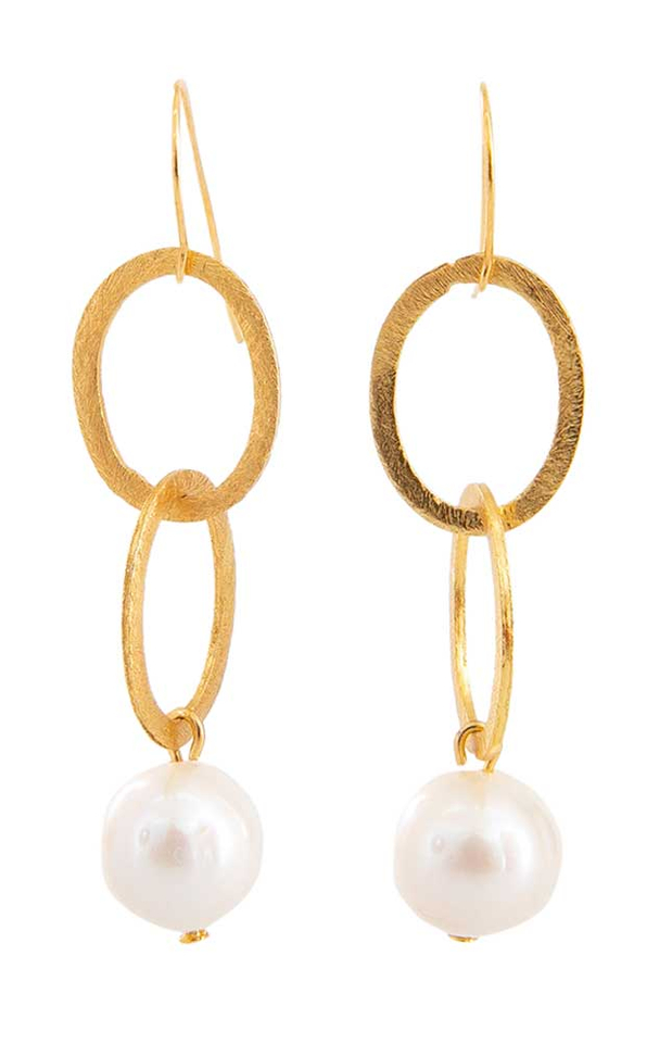 Goudkleurige oorbellen met twee schakels en parel Laurence Delvallez