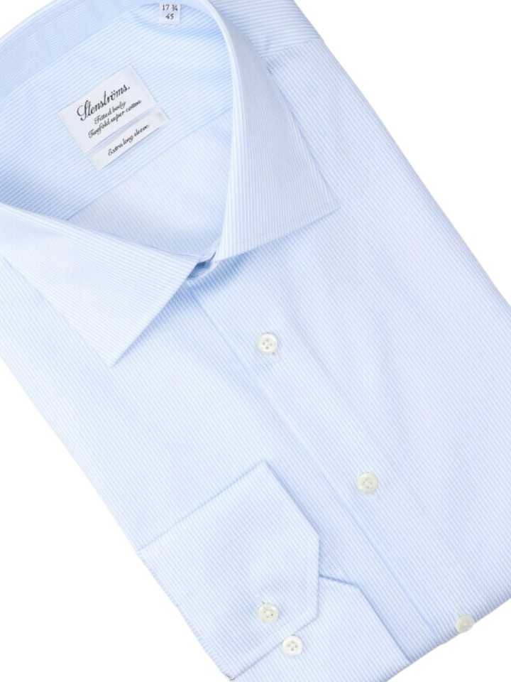 Wit en blauw gestreept katoenen gekleed hemd regular fit met extra lange mouwen Stenströms