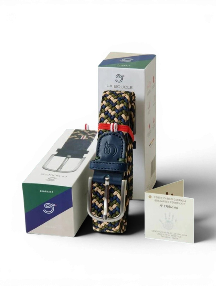 Mix van kleuren blauw, groen en beige riem met zilverkleurige gesp Biarritz La Boucle