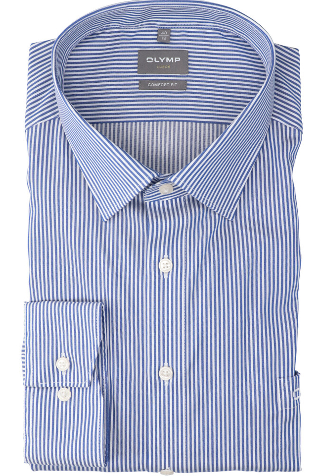 blauw en wit gestreept katoenen hemd comfort fit met lange mouwen Olymp 