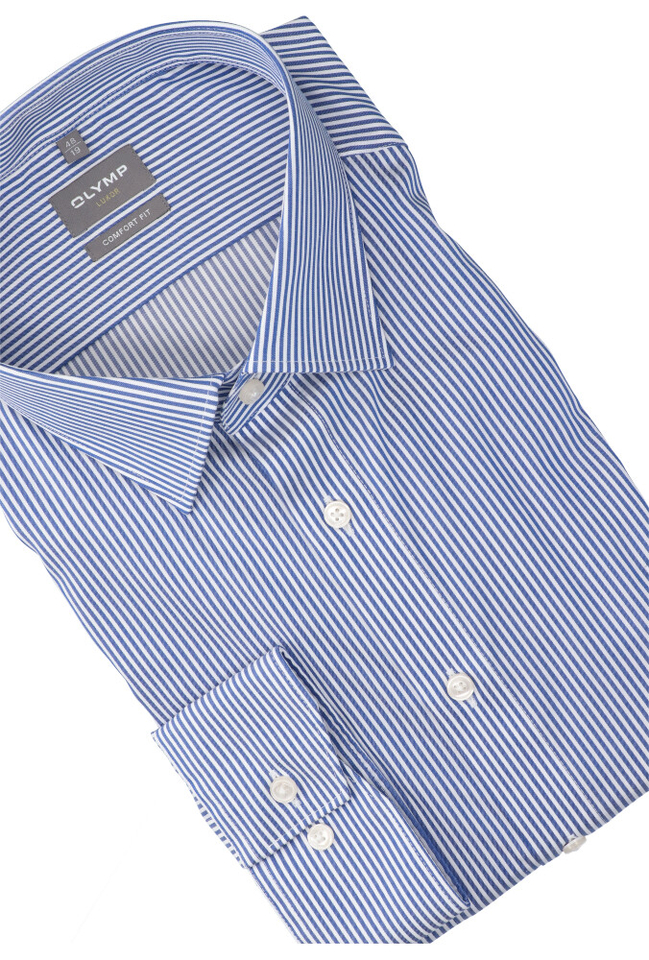 blauw en wit gestreept katoenen hemd comfort fit met lange mouwen Olymp 