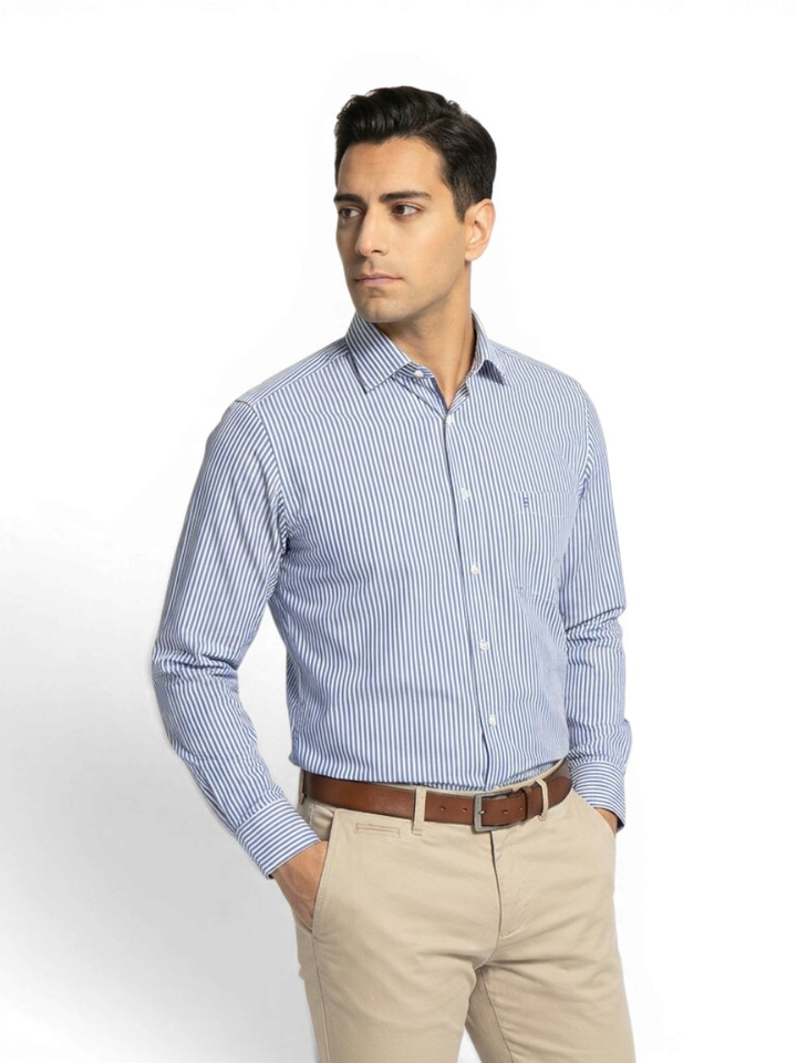 blauw en wit gestreept katoenen hemd comfort fit met lange mouwen Olymp