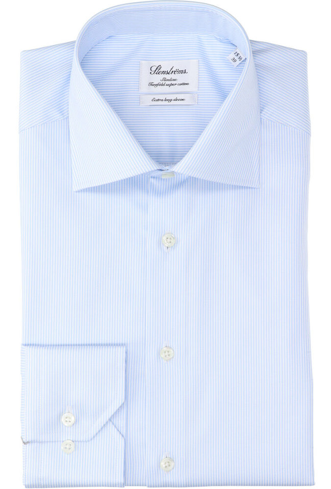 Wit katoenen hemd met blauwe fijne strepen slim fit met extra lange mouwen Stenströms
