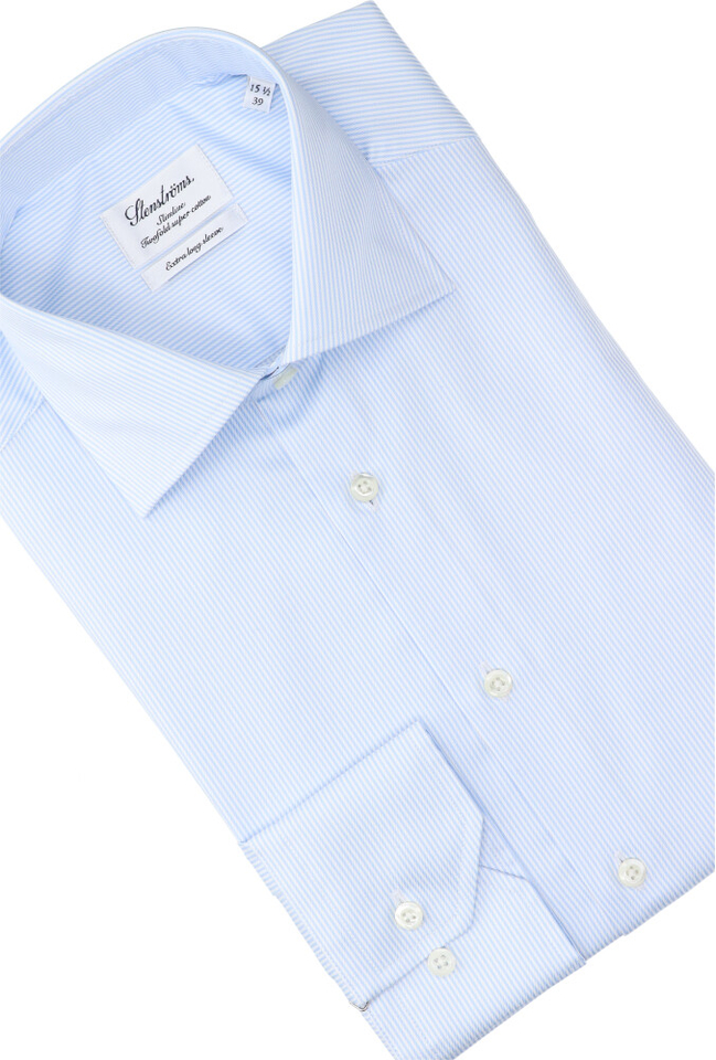 Wit katoenen hemd met blauwe fijne strepen slim fit met extra lange mouwen Stenströms