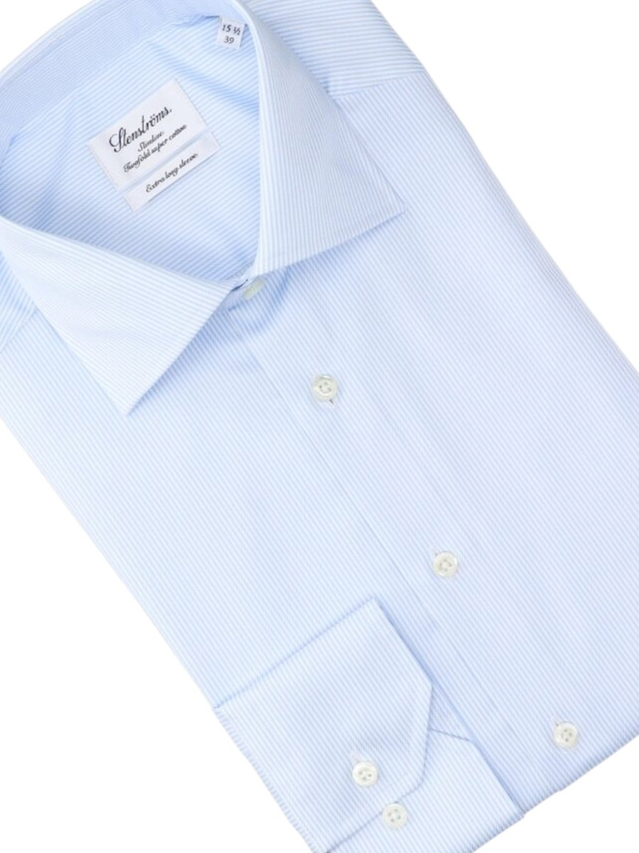 Wit katoenen hemd met blauwe fijne strepen slim fit met extra lange mouwen Stenströms