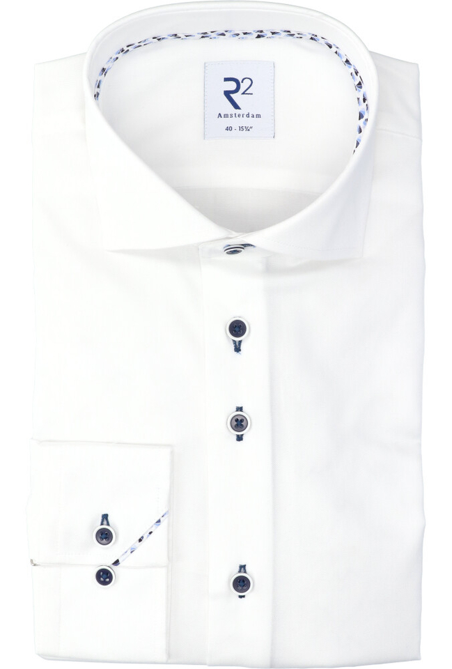 Wit katoenen gekleed hemd (regular fit) met lange mouwen en donkere knopen R2