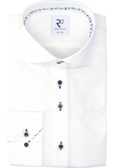 Wit katoenen gekleed hemd (regular fit) met lange mouwen en donkere knopen R2