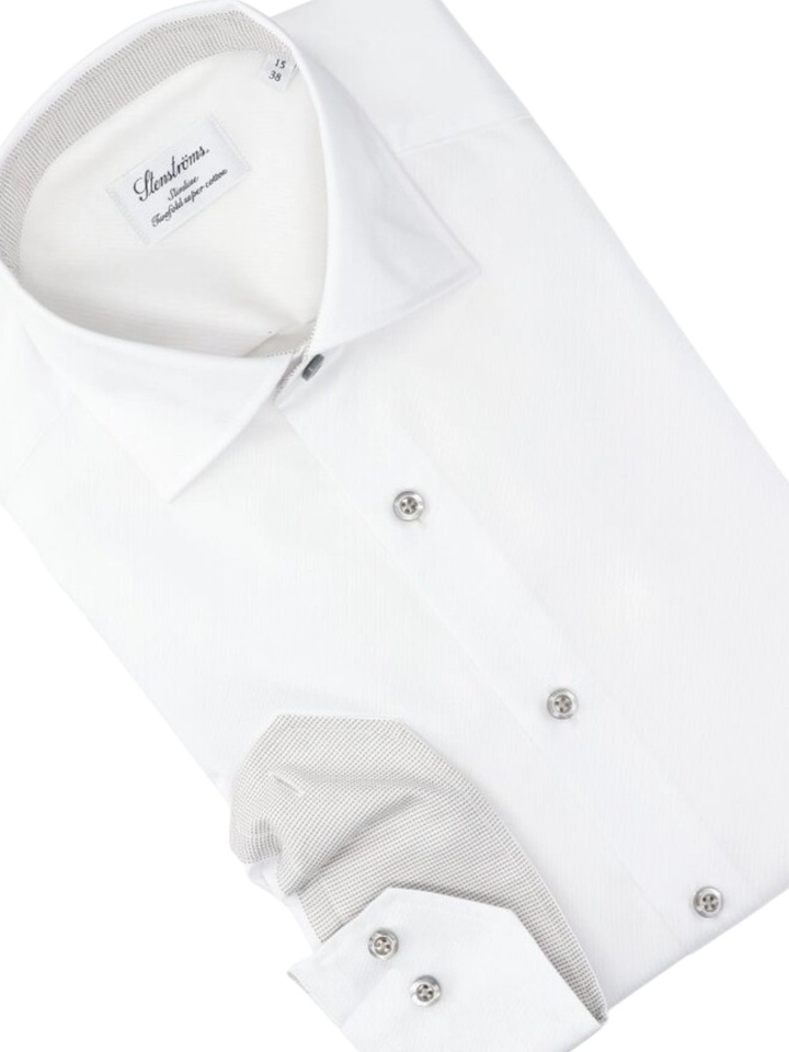 Wit katoenen hemd slim fit met lange mouwen en grijze knopen Stenströms