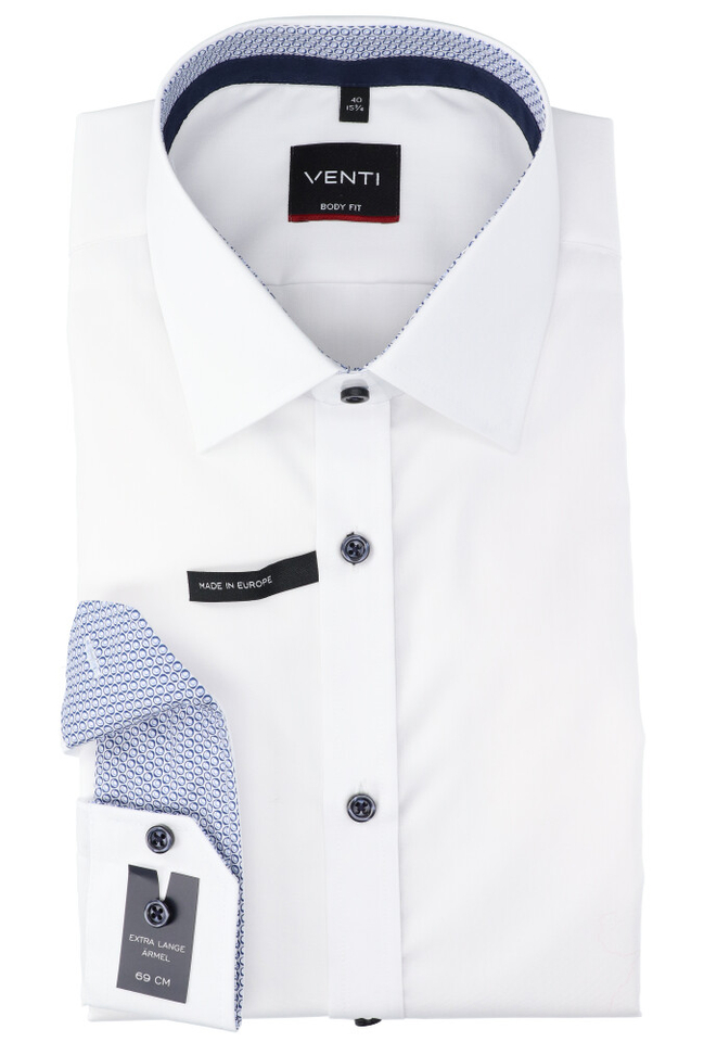 Wit katoenen hemd met blauw deltail slim fit met extra lange mouwen Venti