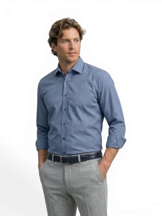 Blauw katoenen hemd met glans slim fit met lange mouwen Venti
