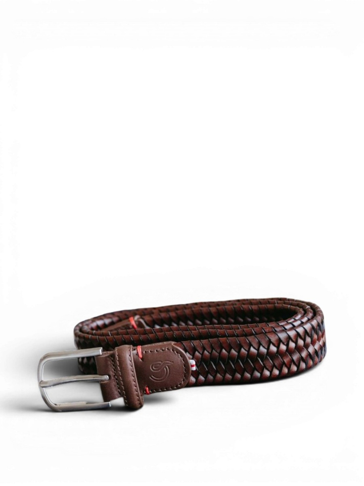 Donkerbruine elastisch gevlochten lederen riem Roma La Boucle
