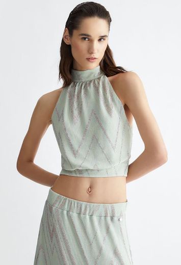 Mintgroene top met chevronmotief en strikdetail Liu Jo