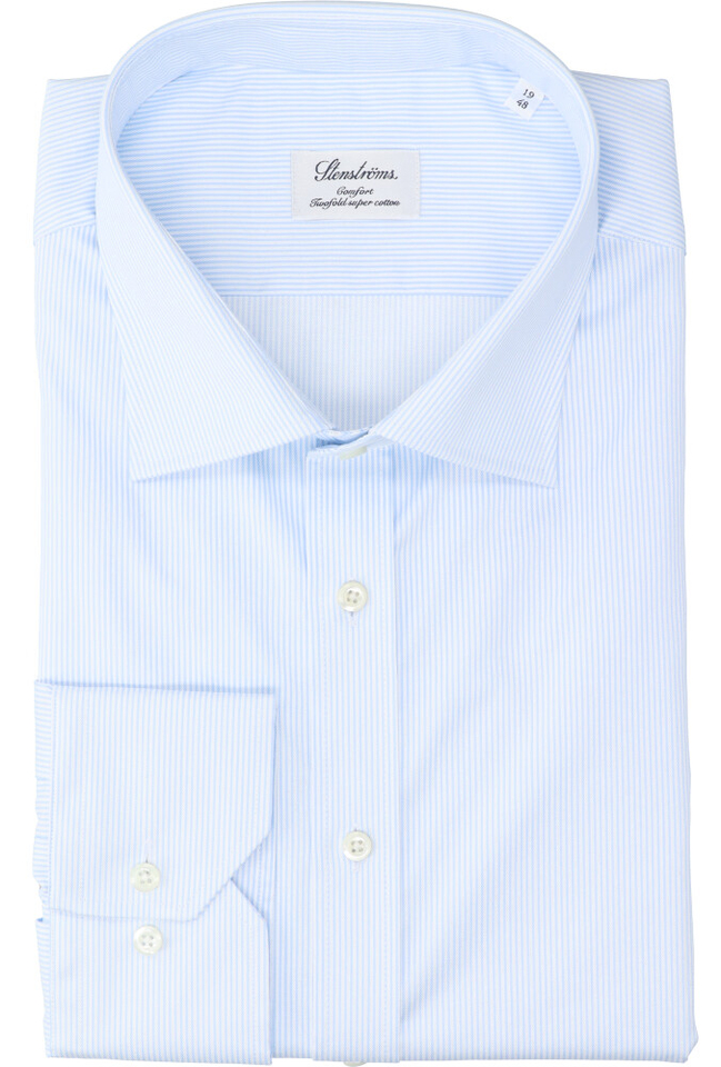 Wit hemd met fijne blauwe krijtstrepen comfort fit met lange mouwen Stenströms