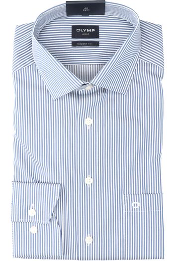 Blauw en wit gestreept katoenen hemd (slim fit) met lange mouwen Olymp