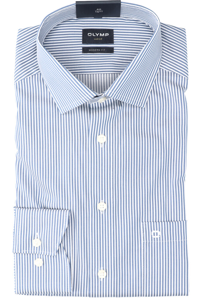 Blauw en wit gestreept katoenen hemd (slim fit) met lange mouwen Olymp