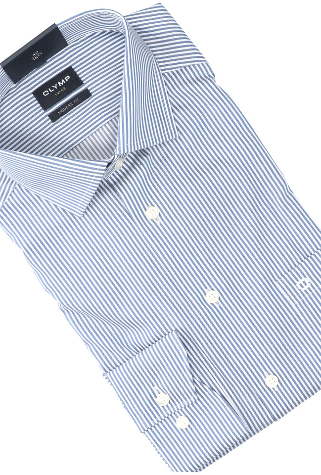 Blauw en wit gestreept katoenen hemd (slim fit) met lange mouwen Olymp
