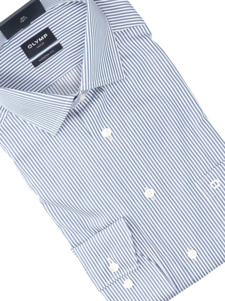 Blauw en wit gestreept katoenen hemd (slim fit) met lange mouwen Olymp