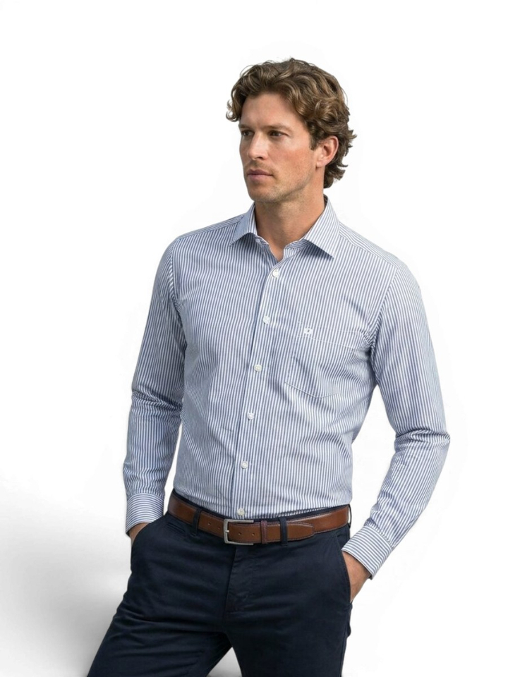 Blauw en wit gestreept katoenen hemd (slim fit) met lange mouwen Olymp