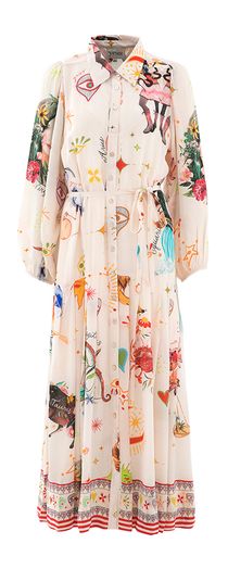 Ecru glanzende lange jurk met speelse print Otta Yess