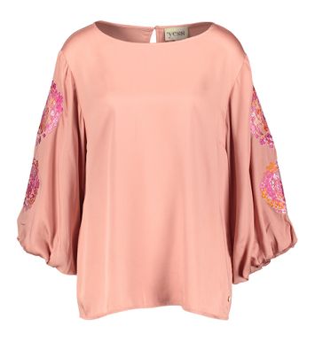 Roze blouse met wijde geborduurde mouwen Nona Yess