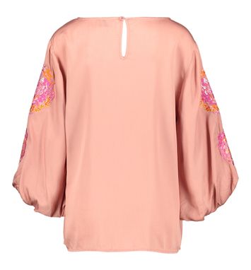 Roze blouse met wijde geborduurde mouwen Nona Yess