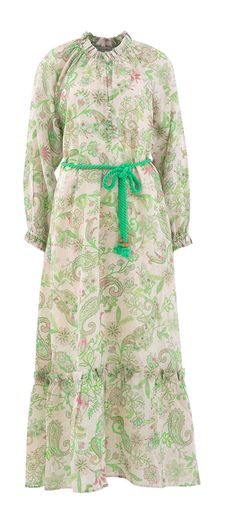 Beige lange linnen jurk met groene en roze paisley print Idania Dea Kudibal