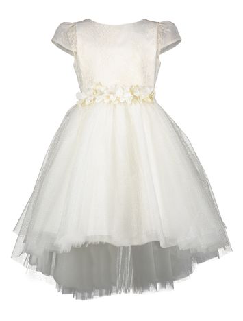 Witte jurk afgewerkt met goudkleurige kant en details Communie Miss Leod