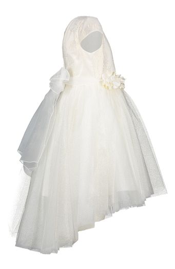 Witte jurk afgewerkt met goudkleurige kant en details Communie Miss Leod
