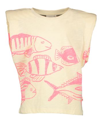 Beige katoenen t-shirt met fluo roze print AO76