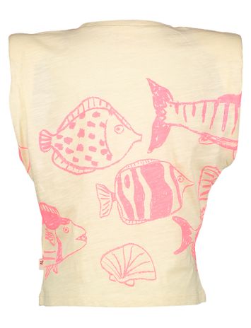 Beige katoenen t-shirt met fluo roze print AO76
