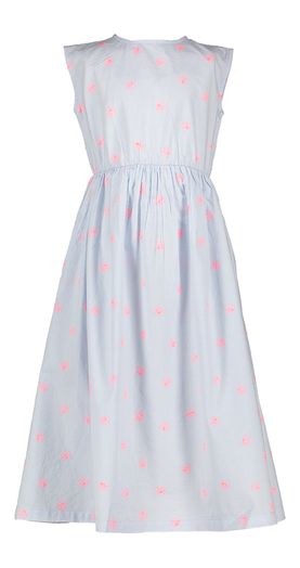 Lichtblauwe mouwloze katoenen jurk met fuchsia print AO76