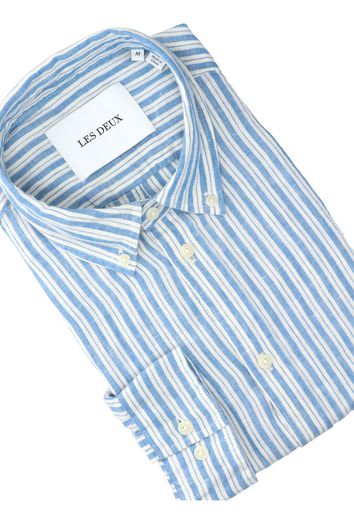 Jeanskleurig linnen hemd (regular fit) met beige streeppatroon en lange mouwen Les Deux