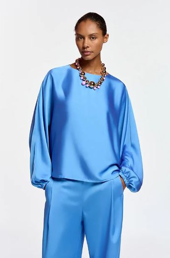 Blauwe glanzende broek met bandplooien Fault Essentiel