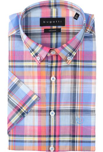 Blauw katoenen hemd ( regular fit) met ruiten en korte mouwen Bugatti 