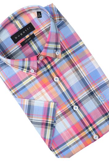 Blauw katoenen hemd ( regular fit) met ruiten en korte mouwen Bugatti 