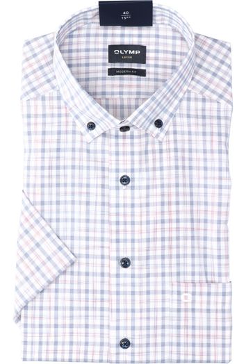 Blauw katoenen hemd ( regular fit) met ruiten en korte mouwen Olymp 