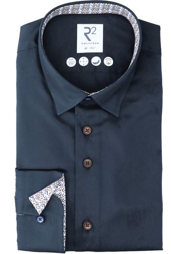 Donkerblauw katoenen hemd (slim fit) met lange mouwen R2