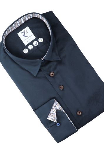 Donkerblauw katoenen hemd (slim fit) met lange mouwen R2