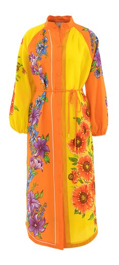 Oranje en gele linnen jurk met multicolor bloemenprint Jude Alemais