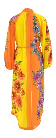 Oranje en gele linnen jurk met multicolor bloemenprint Jude Alemais