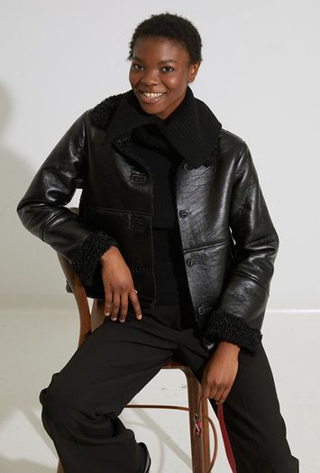 Zwarte leather look jas met teddy Ecora Ichi
