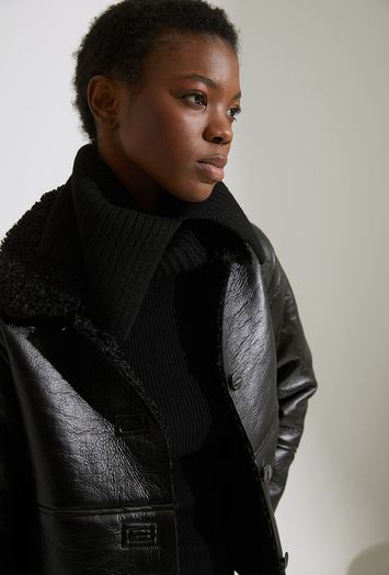 Zwarte leather look jas met teddy Ecora Ichi