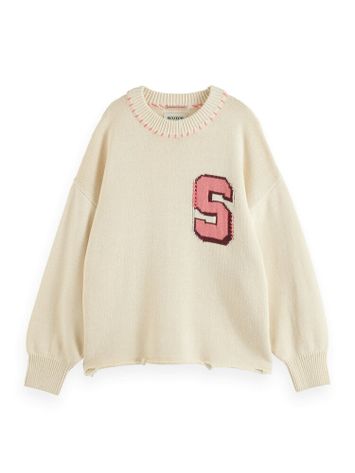 Ecru oversized trui met roze letter 5 Scotch & Soda