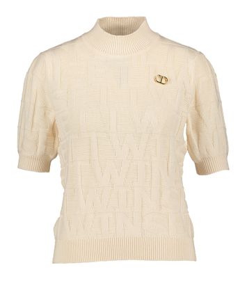 Lichtbeige gebreide pull met letters en korte mouwen Twinset
