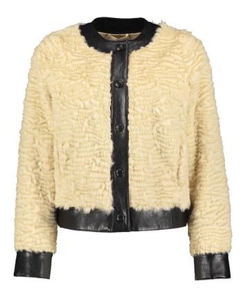 Beige faux fur boxy jas afgewerkt met zwarte accenten Twinset