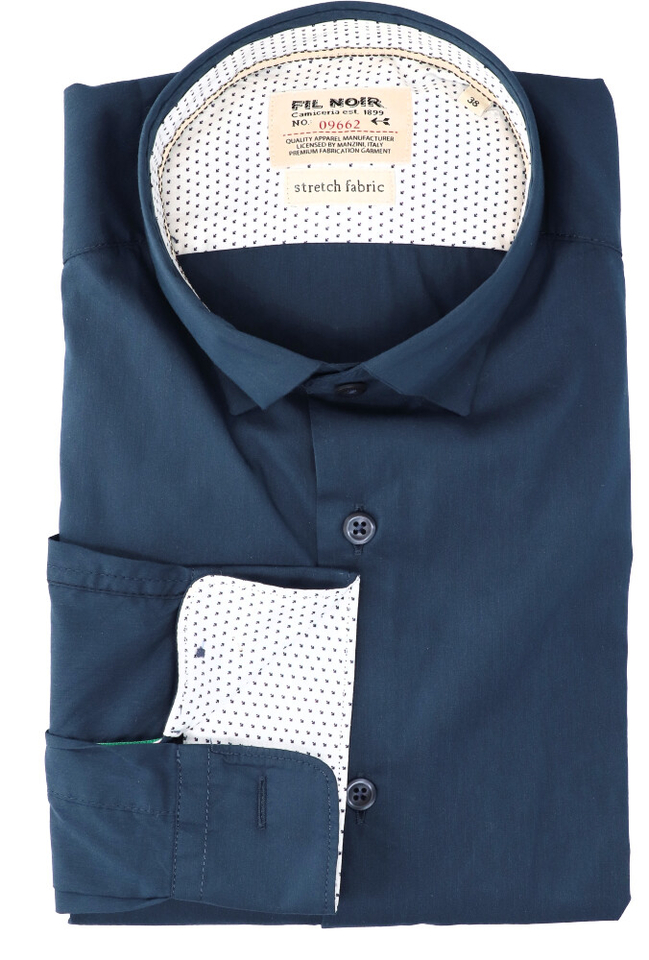 Donkerblauw katoenen hemd ( regular fit) met lange mouwen Fil Noir