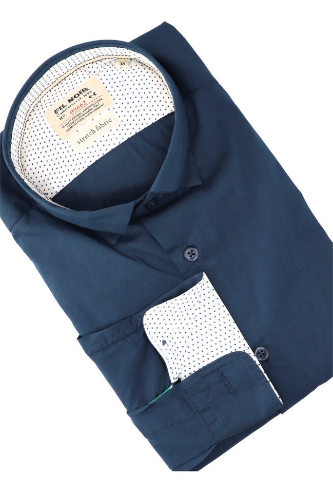 Donkerblauw katoenen hemd ( regular fit) met lange mouwen Fil Noir