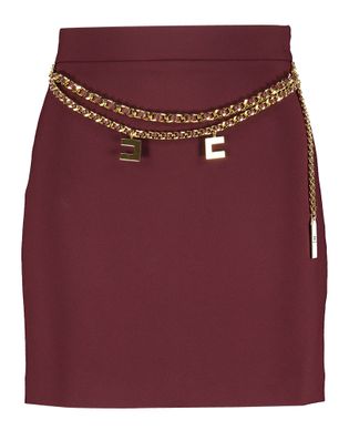 Elisabetta Franchi Bordeauxkleurige korte rok en goudkleurige ketting